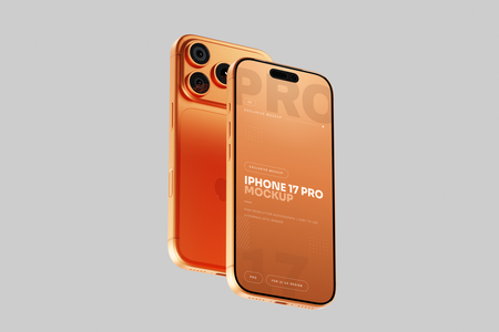 Orange iPhone 17 Pro Mockup Floating Front And Back
