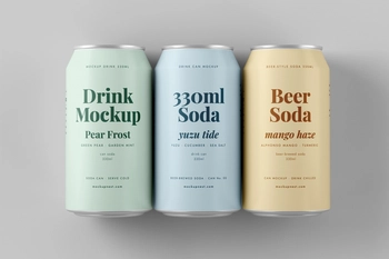 Free 330ml Soda Beer Drink Can Mockup Three Can Set