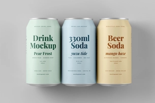 Free 330ml Soda Beer Drink Can Mockup Three Can Set