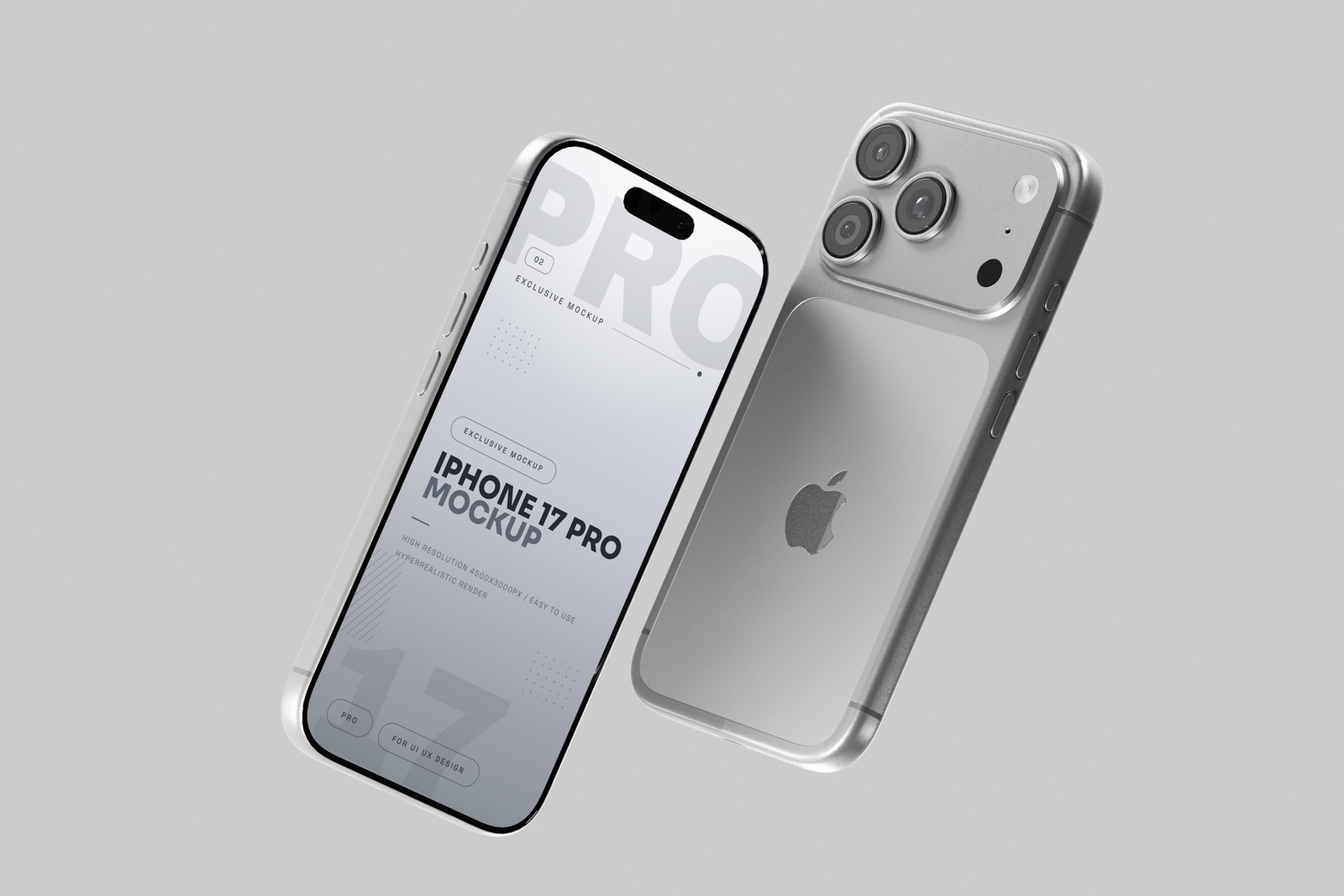 Free Silver iPhone 17 Pro Mockup Floating Front And Back