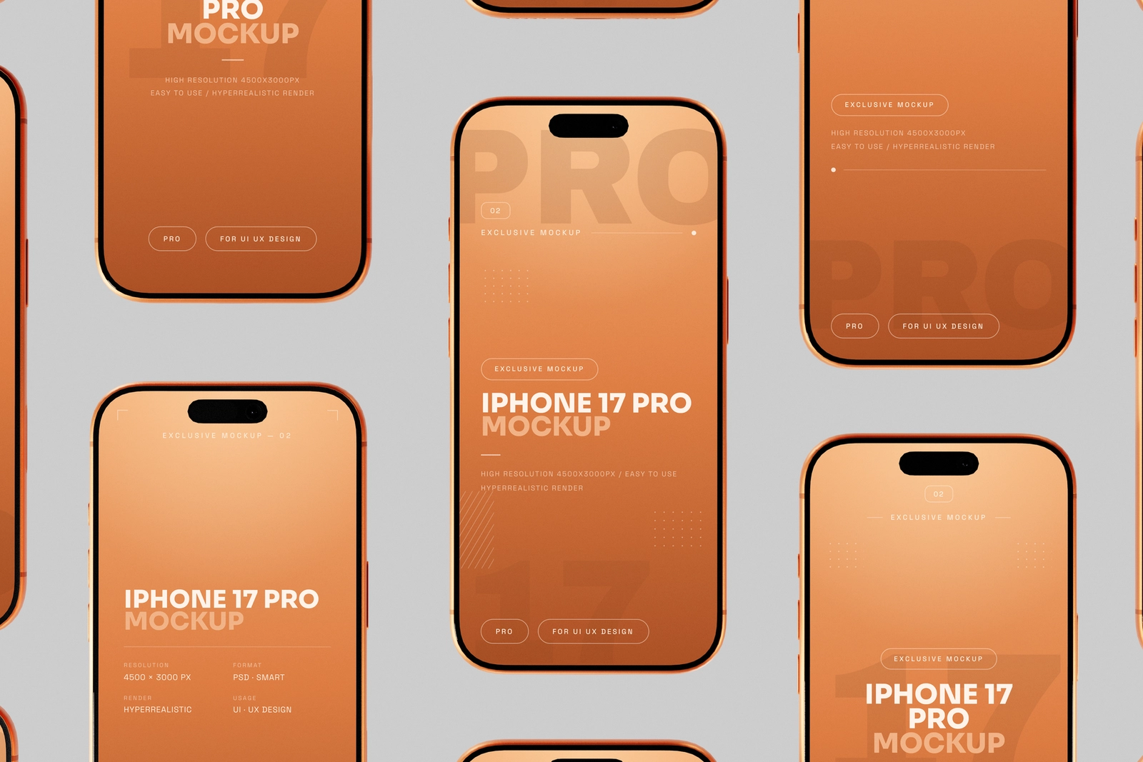 Free Orange iPhone 17 Pro Mockup Front View Set