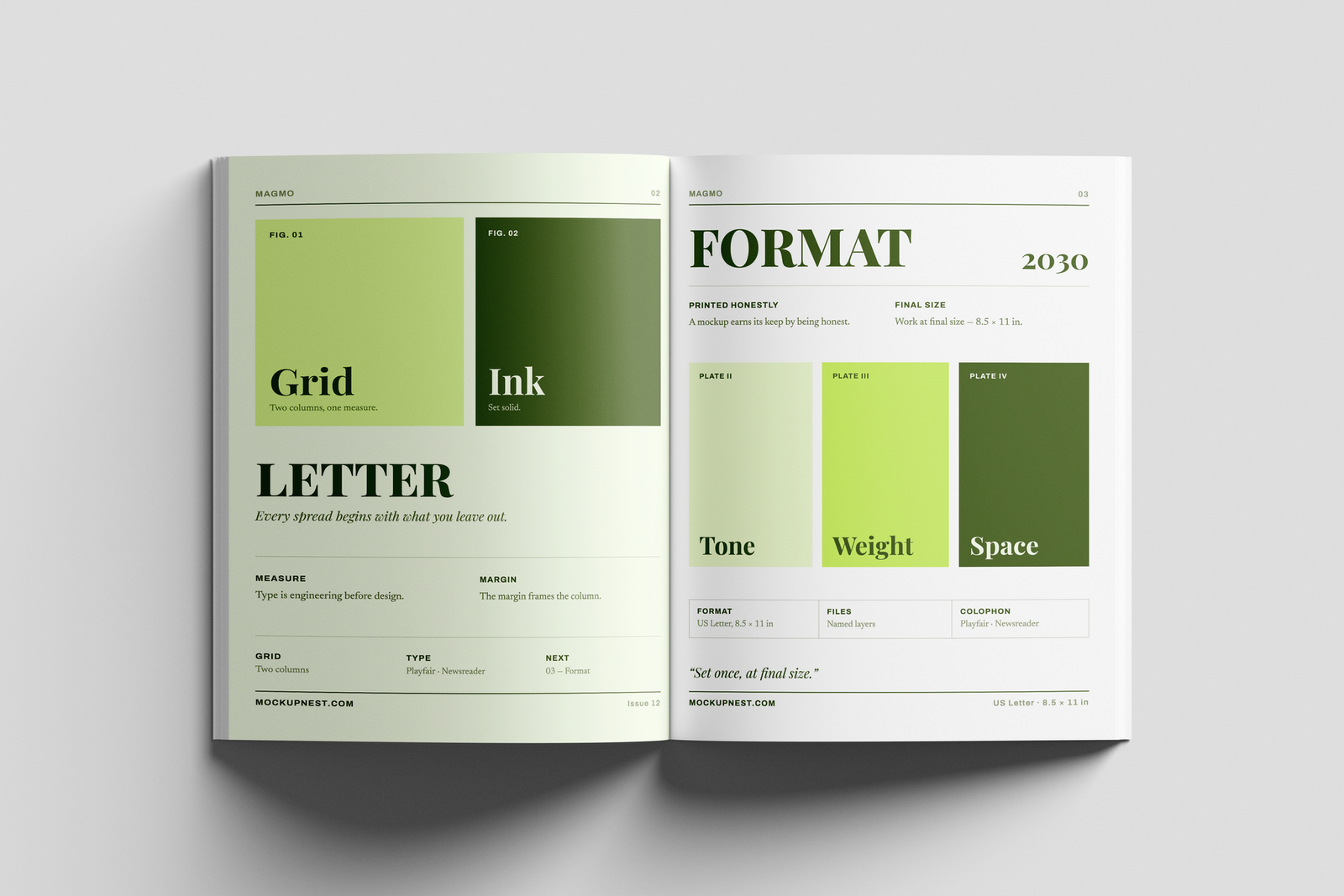 Free US Letter Branding Magazine Mockup Top View Open
