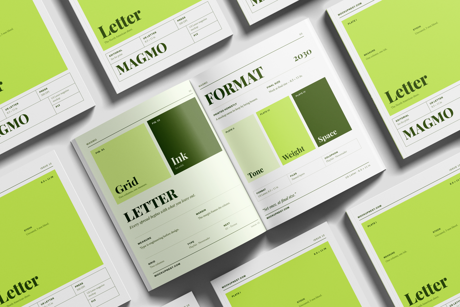 US Letter Print Magazine Mockup On Surface Angled View