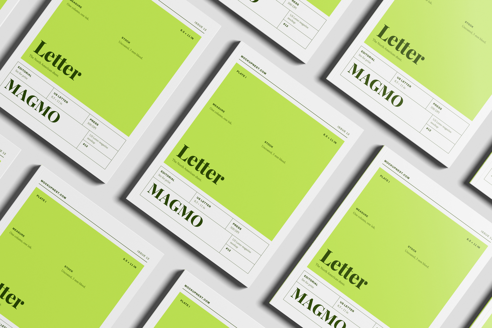 Free US Letter Publishing Magazine Mockup On Surface Angled View