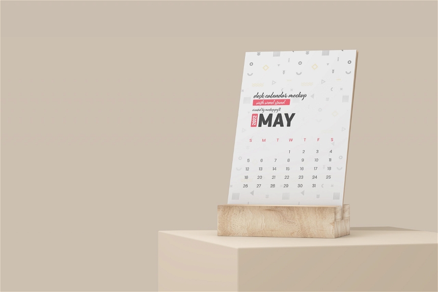 Desk Calendar With Wood Stand Mockup