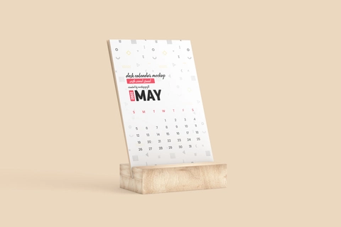 Free Desk Calendar Mockup With Wood Stand | Mockupnest