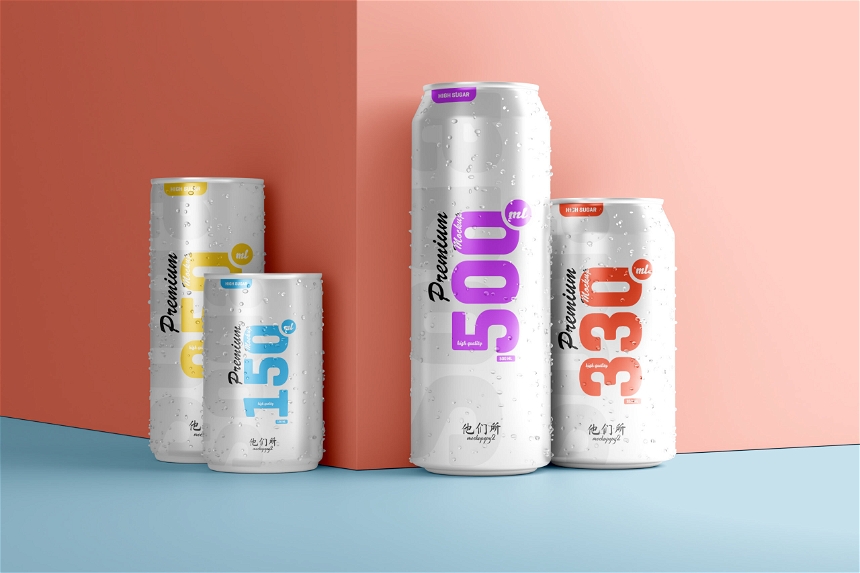 Free Multisize Beer Soda Can Mockup