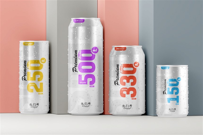 Free Multisize Beer Soda Can Mockup