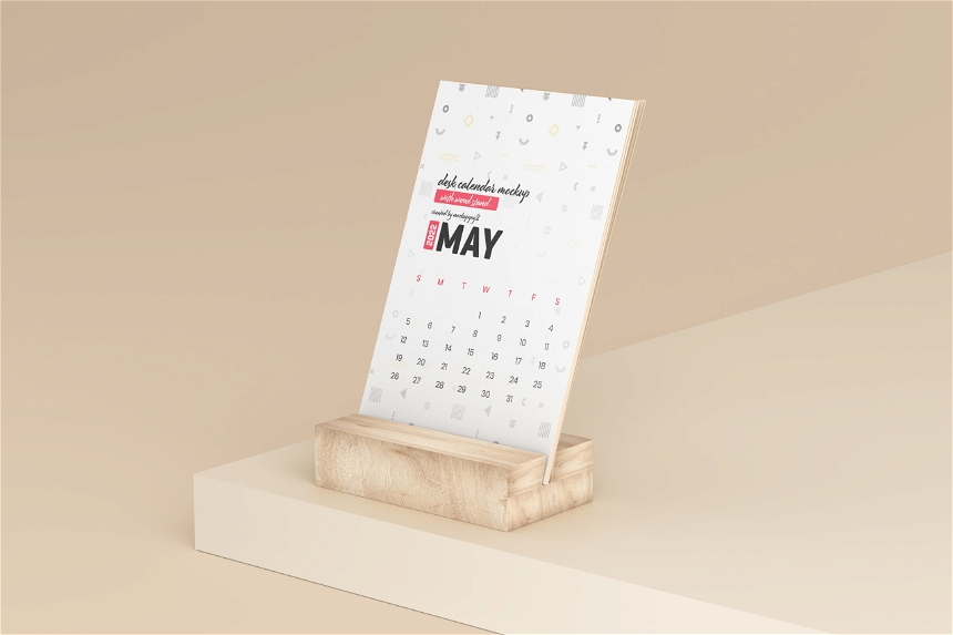 Desk Calendar Mockup With Wood Stand