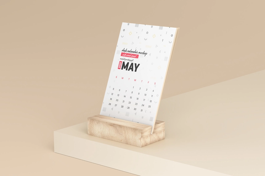 Desk Calendar Mockup With Wood Stand