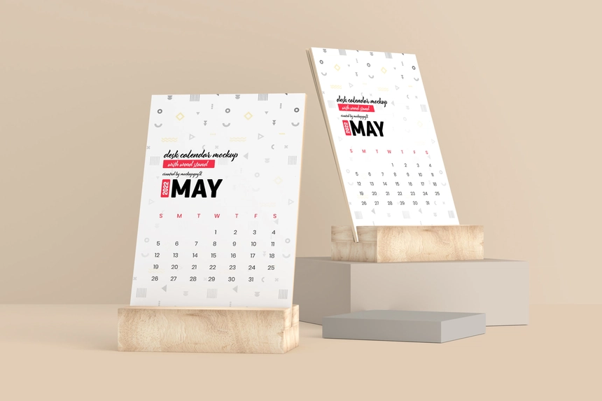 Desk Calendar Mockup With Wood Stand