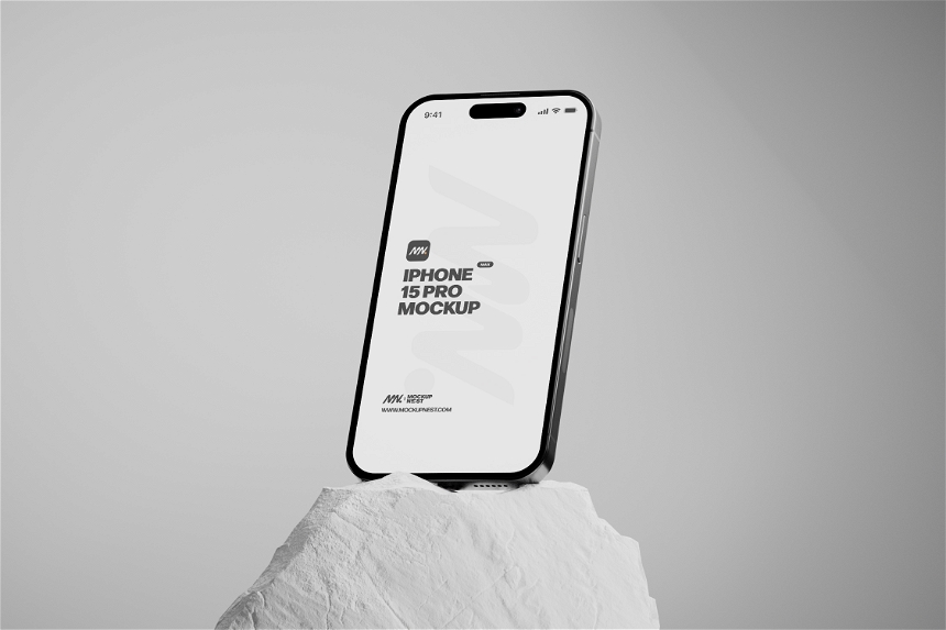 Iphone 15 Pro Mockup With White Rock