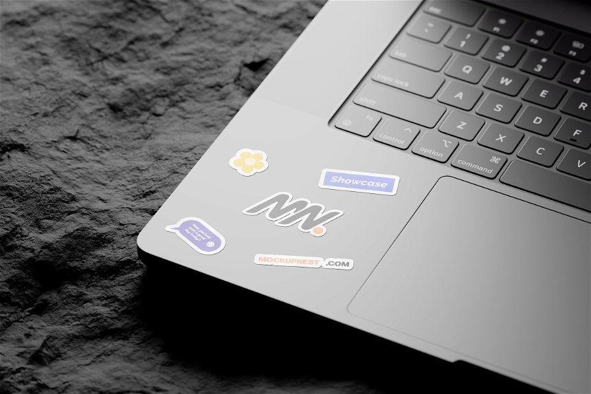 Laptop Sticker On Rock Mockup