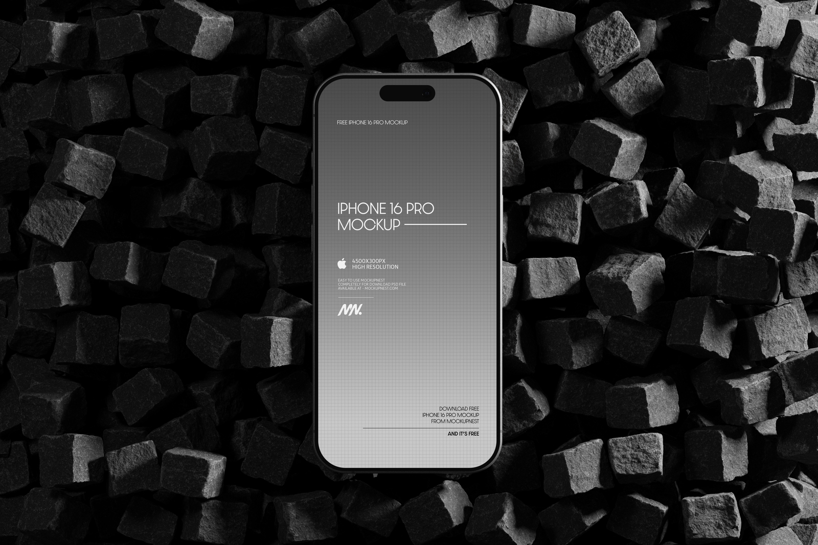 Free iPhone 16 Pro Mockup On Cube Stones - Premium PSD Mockup