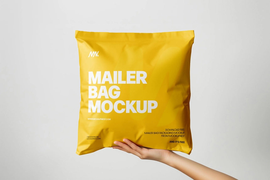 Free Square Paper Mailer Bag Mockup Holding By Hand