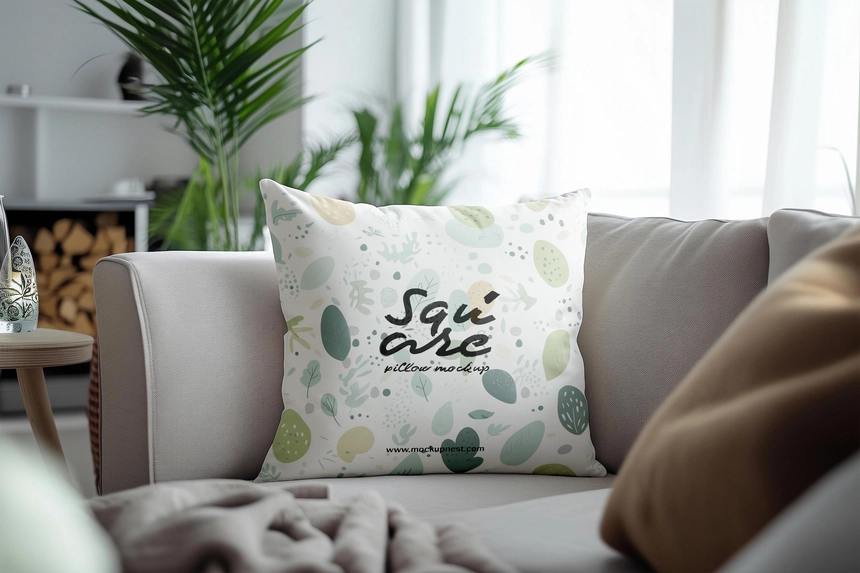 Free Square Pillow Mockup On Couch