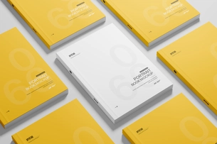 Multiple Softcover Book Mockup On Floor Perspective View