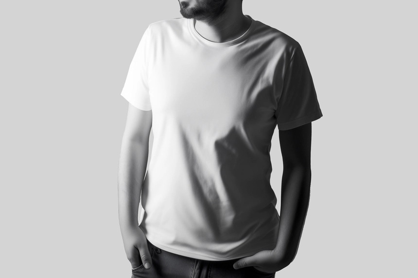 Free T-Shirt Mockup with Man Under Studio Lighting