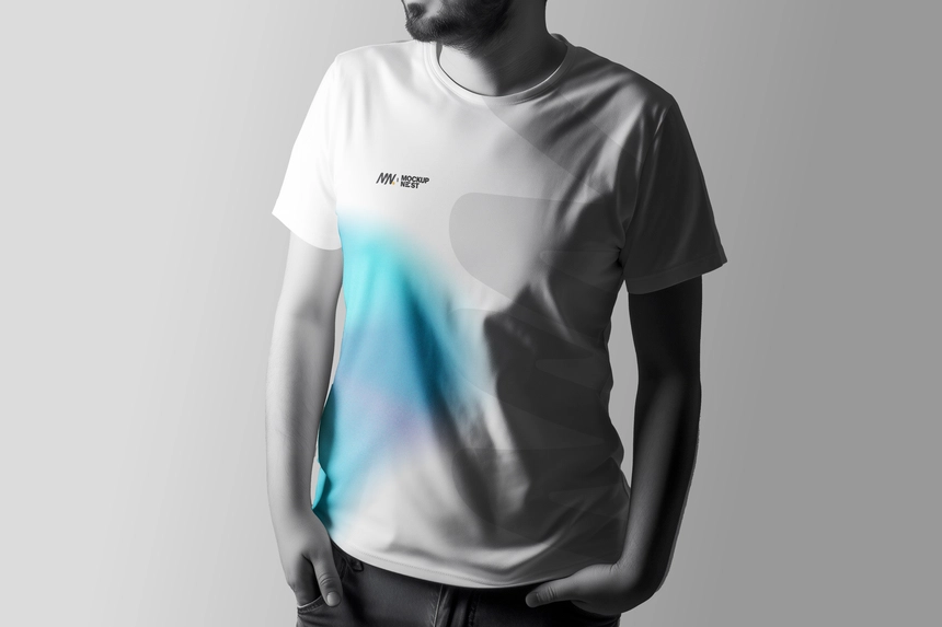 Free T-Shirt Mockup with Man Under Studio Lighting