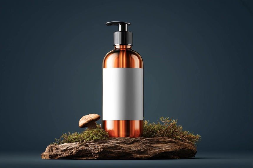 Free Amber Bottle with Pump Mockup on Rustic Wood