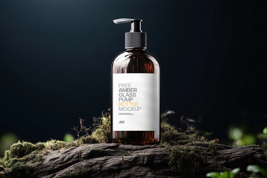 Free Amber Glass Pump Bottle Mockup