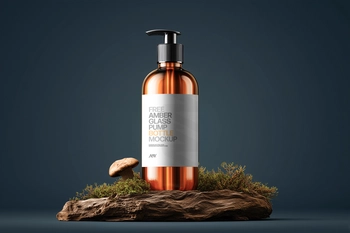 Free Amber Bottle with Pump Mockup on Rustic Wood