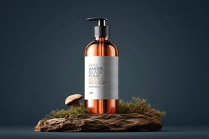 Free Amber Bottle with Pump Mockup on Rustic Wood