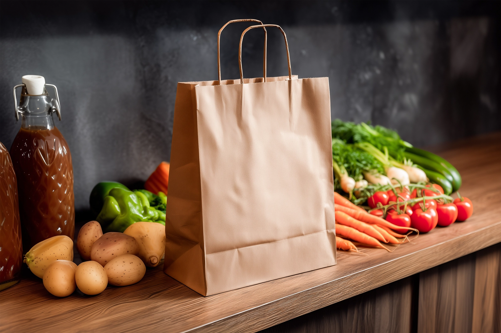 Free Kraft Paper Bag Mockup On Kitchen Table