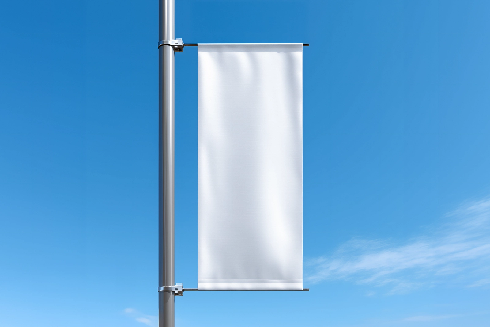 Free Vertical Street Banner Mockup on Pole in Clear Blue Sky