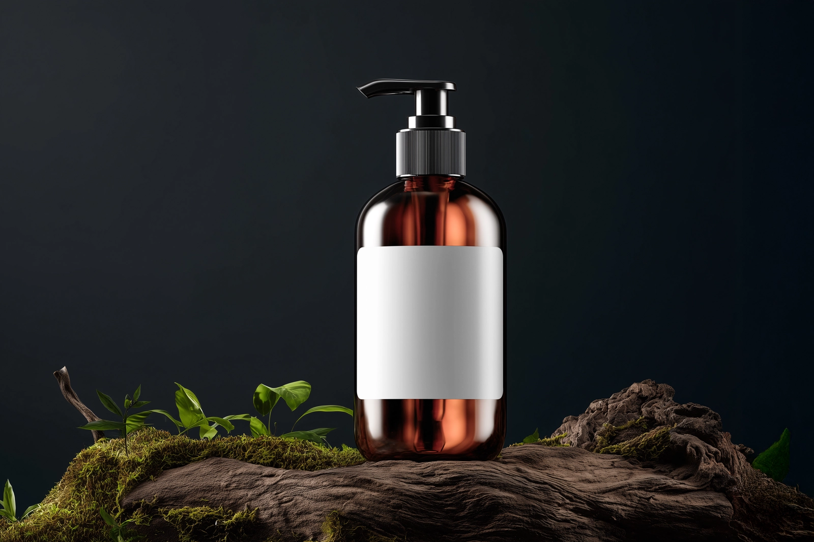 Free Amber Pump Bottle Mockup on Rustic Wooden Surface