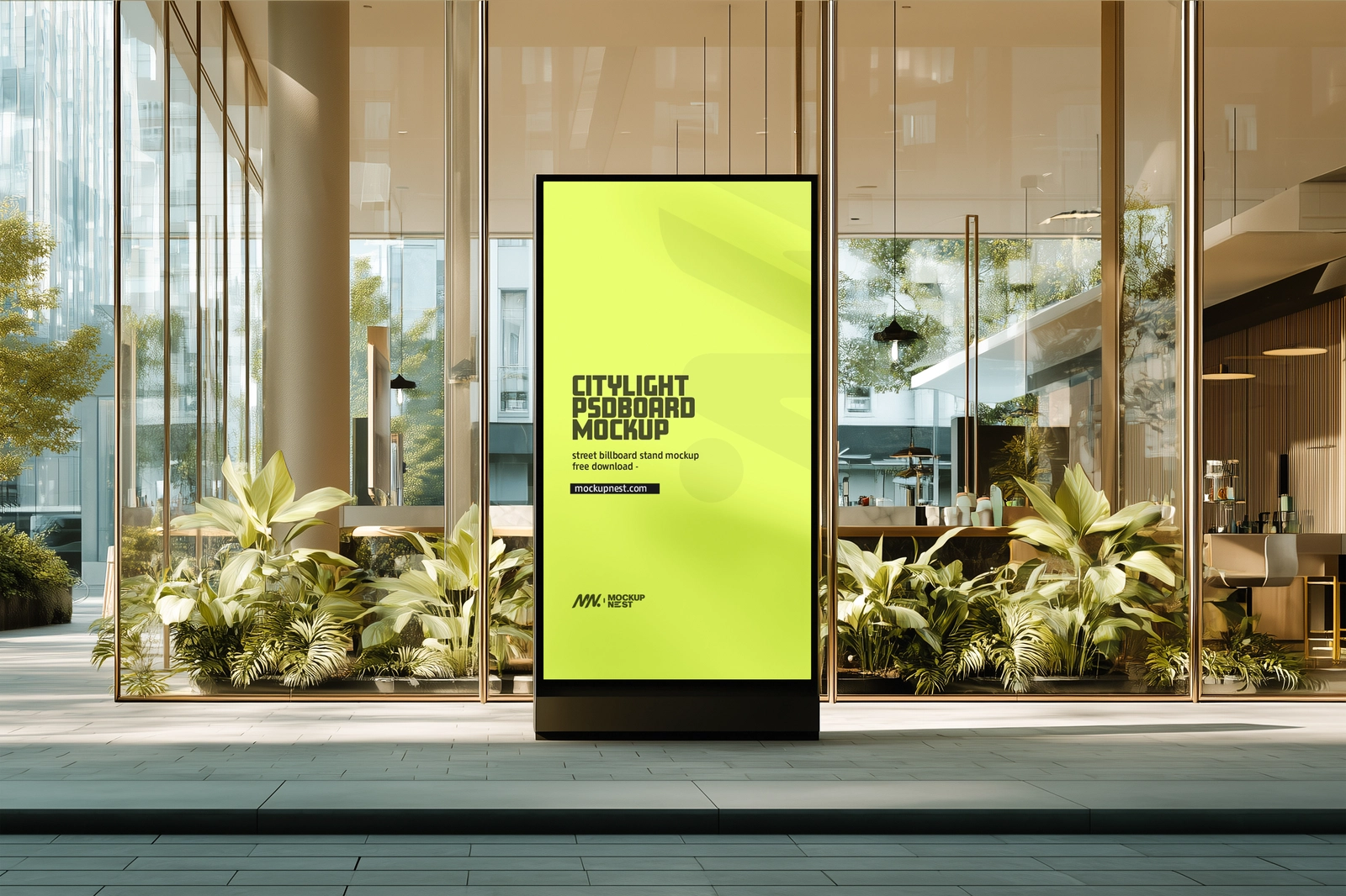 Citylight Board Mockup in Modern Urban Glass Building Environment