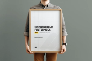 Minimal Wooden Frame Poster Mockup Held in Hands Indoors