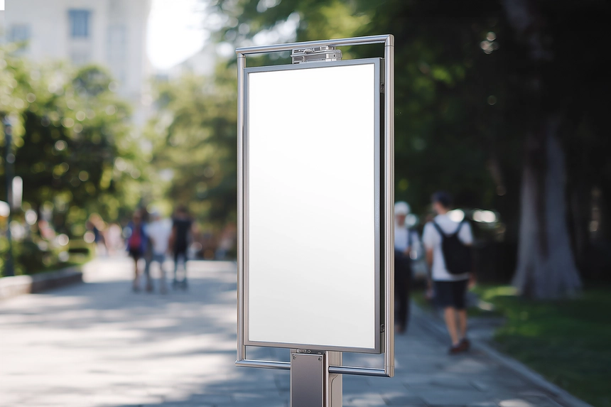 Free Vertical Street Billboard Mockup in Sunny Park Pathway Scene