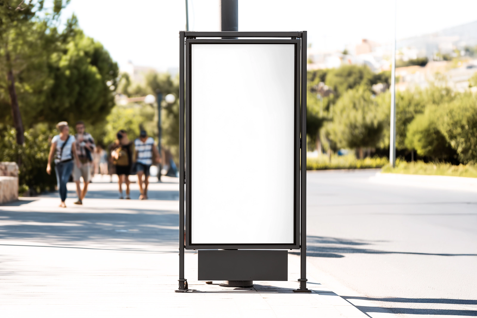 Free Citylight Board Mockup on Bright Roadside with Pedestrians