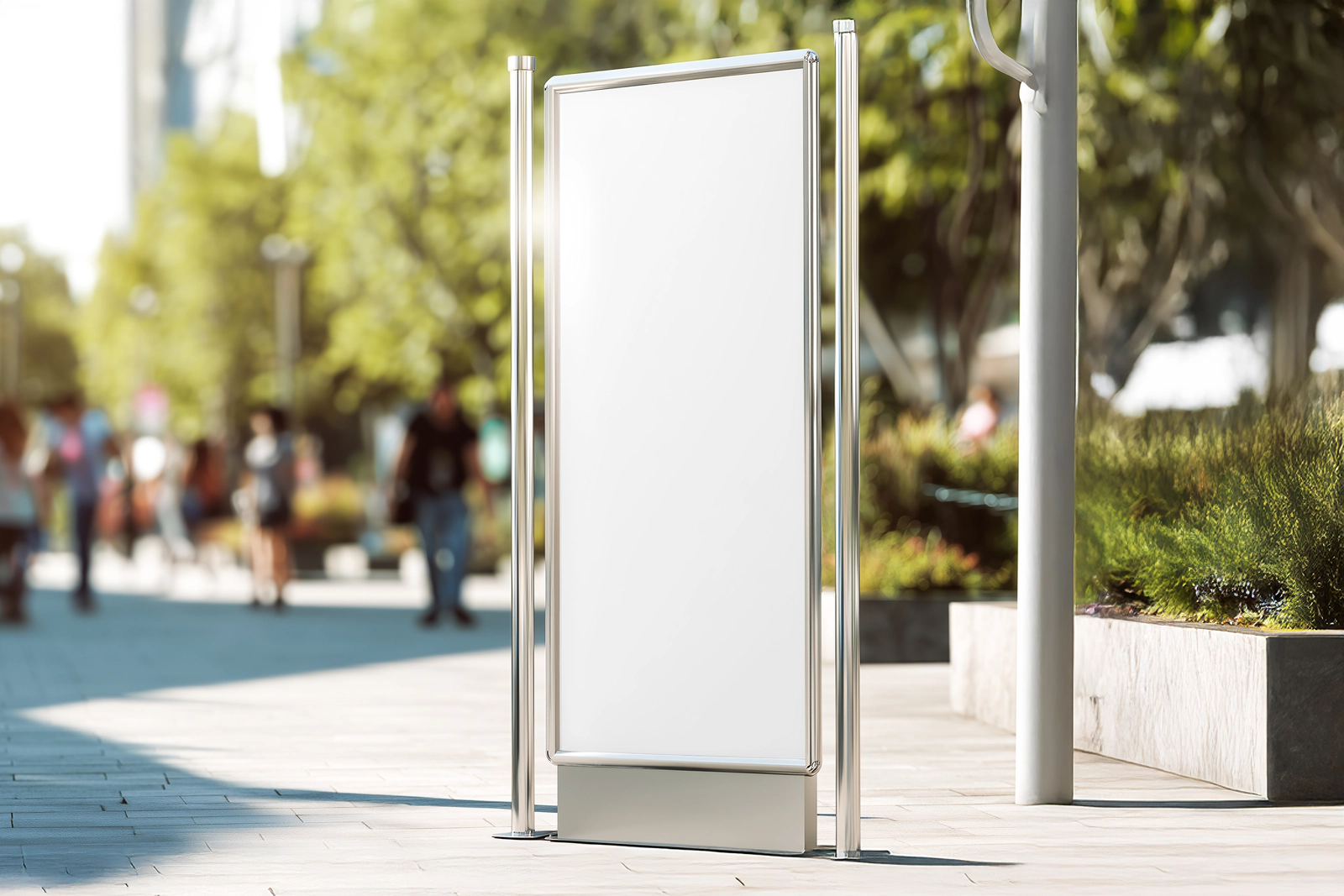 Free Metal Framed Street Billboard Mockup on Sunlit City Walkway