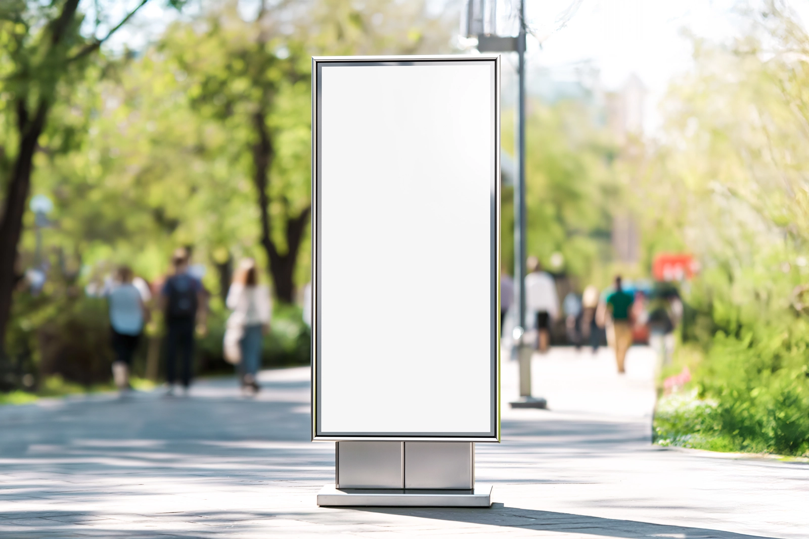 Free Outdoor Pedestal Billboard Mockup on Bright City Pathway