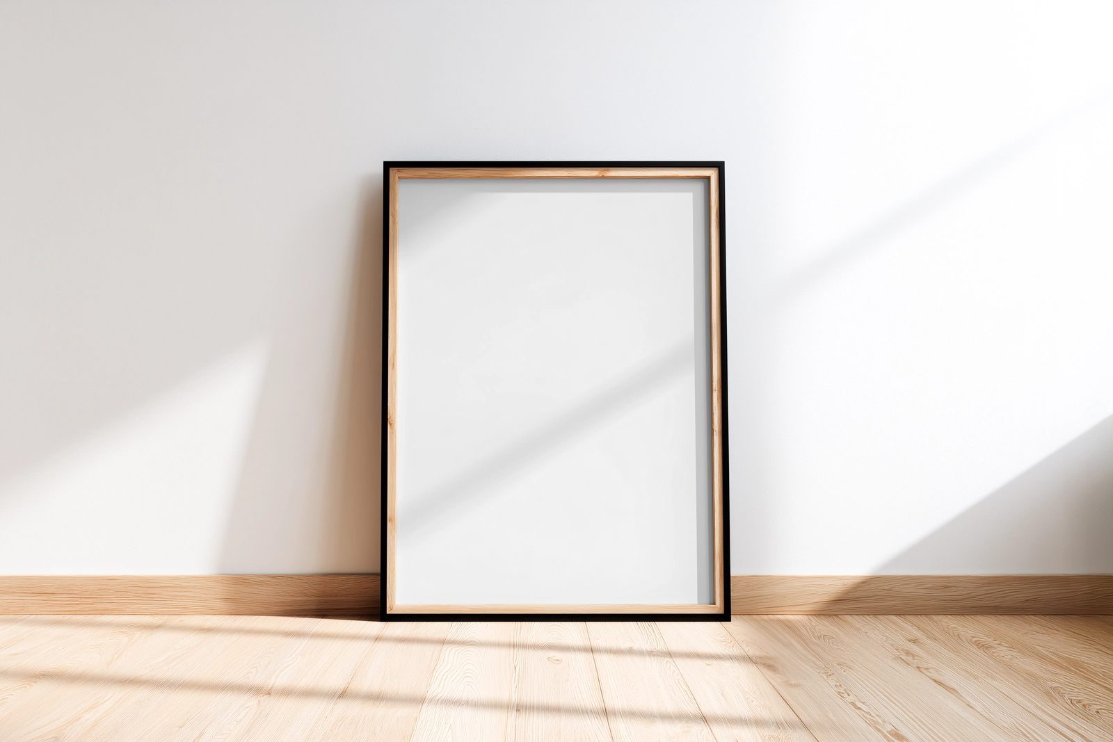 Minimal Wooden Frame Poster Mockup on Bright Wooden Floor