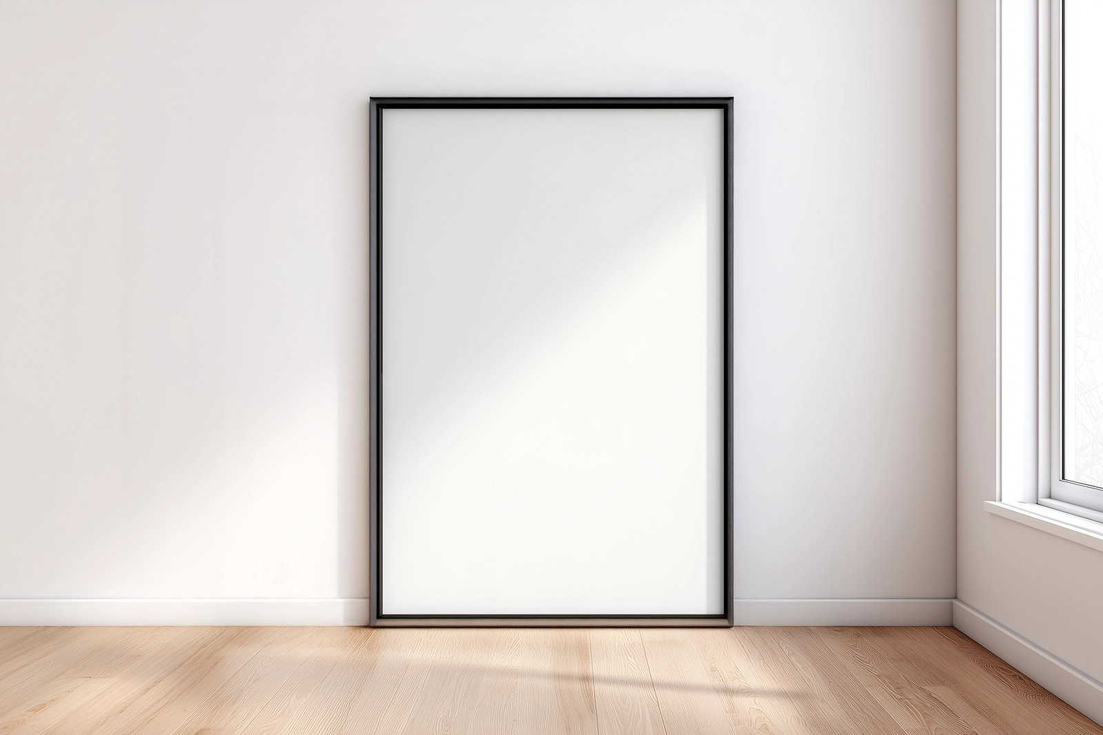 Free Minimal Black Frame Poster Mockup in Bright Modern Room