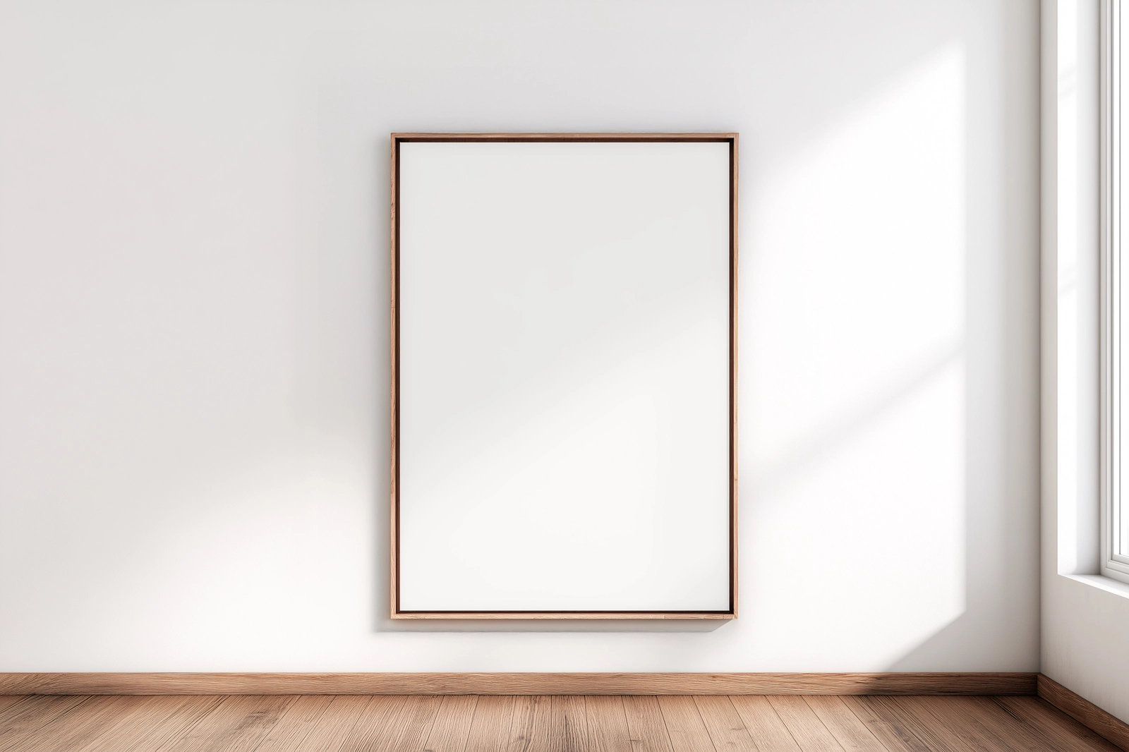 Free Vertical Wooden Frame Poster Mockup on White Wall Interior