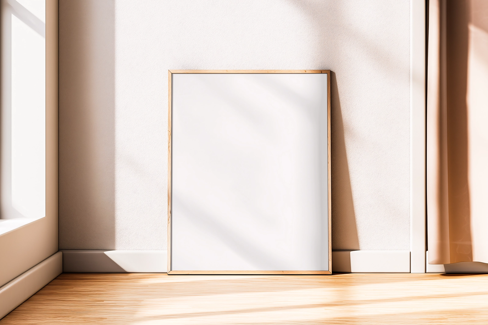 Free Minimal Wooden Frame Poster Mockup in Bright Sunlit Room