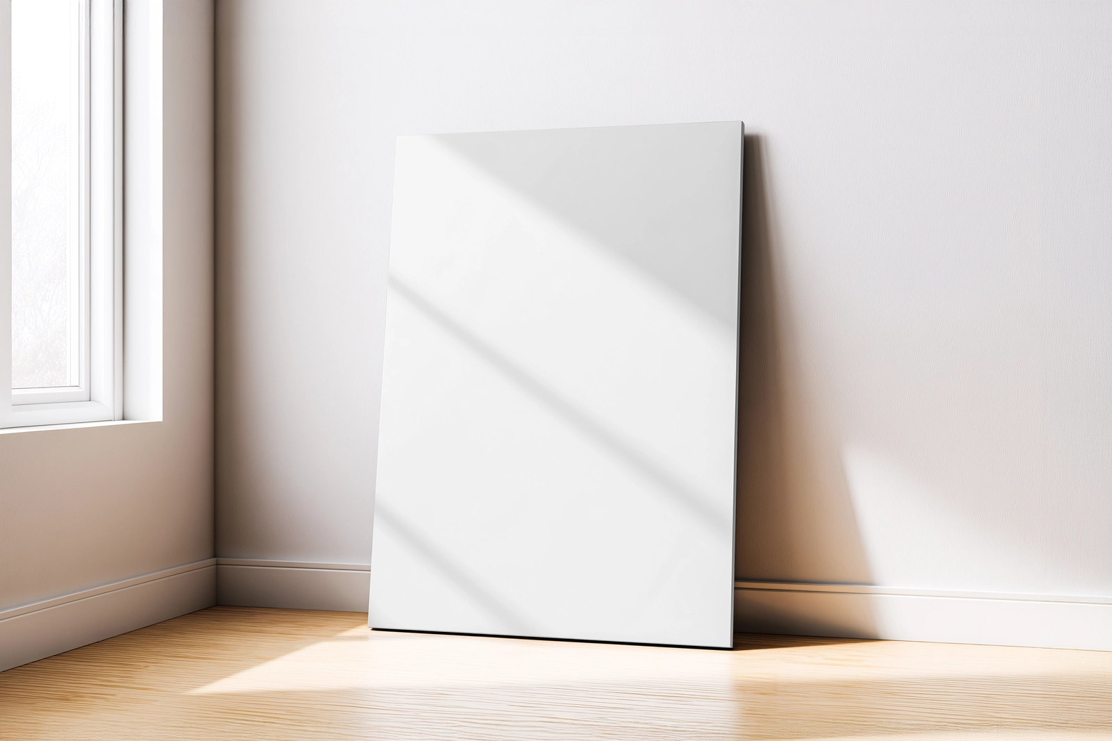 Free Canvas Mockup Leaning Against Wall with Soft Sunlight
