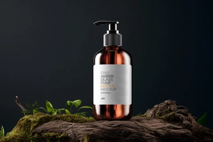 Free Amber Pump Bottle Mockup on Rustic Wooden Surface