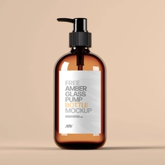 Free Amber Pump Bottle Mockup with Clean Studio Lighting