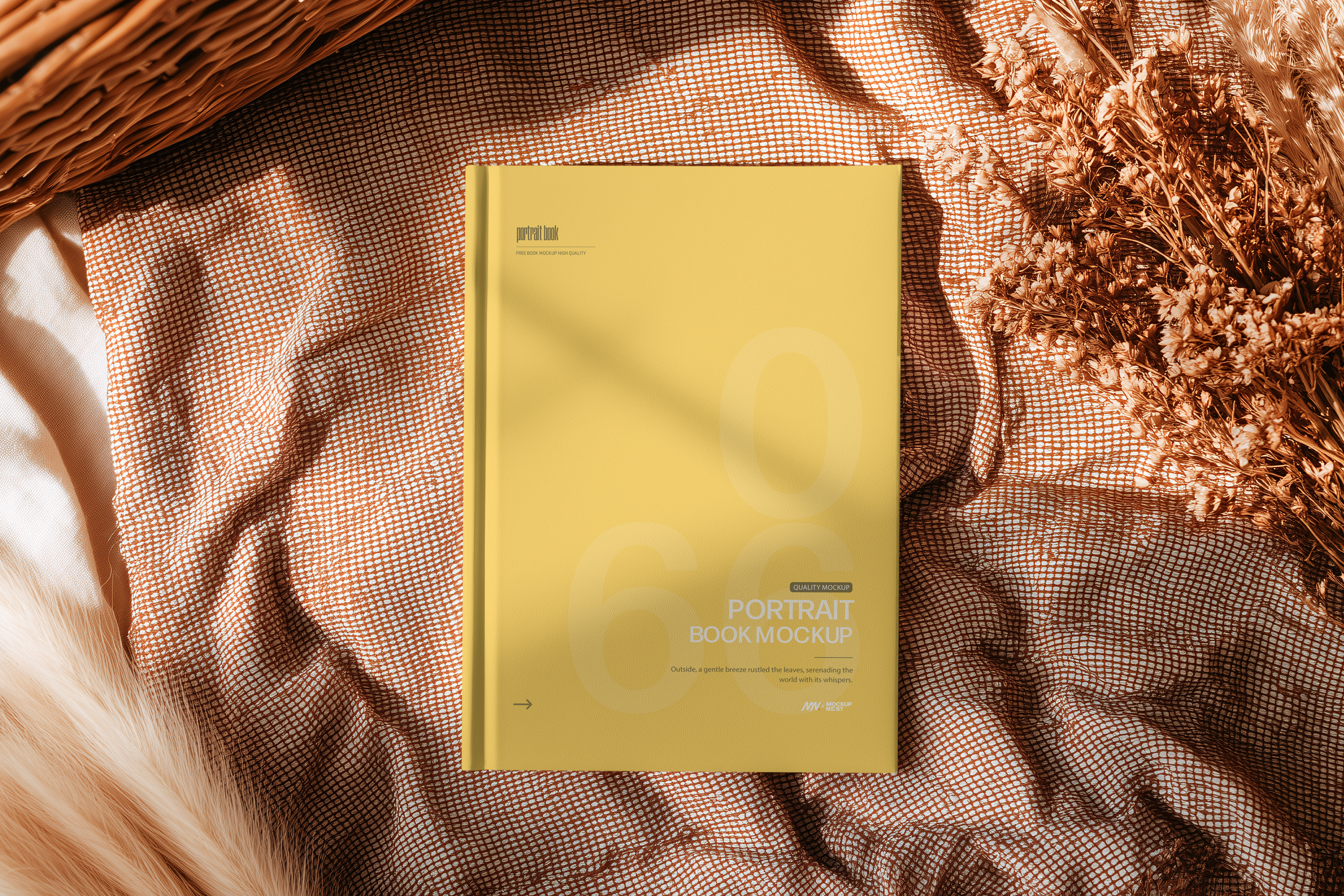 Free Hardcover Book Mockup – Top View on Cozy Fabric Scene | Mockupnest