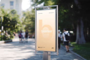 Free Vertical Street Billboard Mockup in Sunny Park Pathway Scene