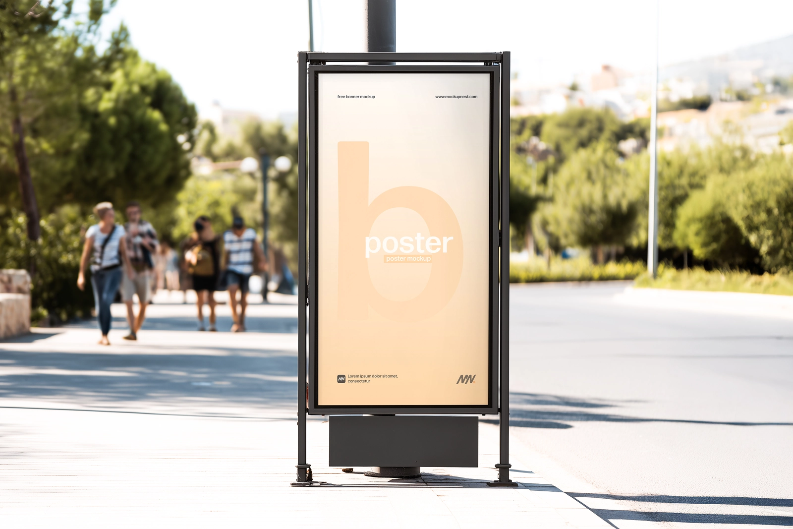 Free Citylight Board Mockup on Bright Roadside with Pedestrians