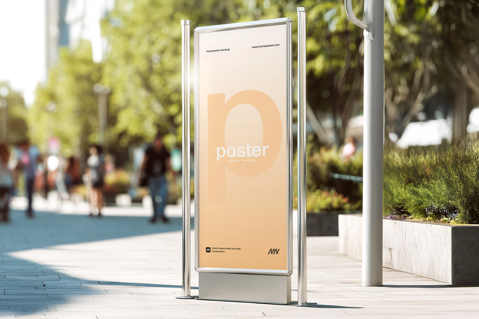 Free Metal Framed Street Billboard Mockup on Sunlit City Walkway