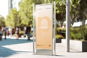 Free Metal Framed Street Billboard Mockup on Sunlit City Walkway