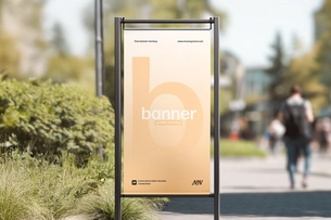 Free Street Hanging Banner Mockup on Modern Outdoor Walkway