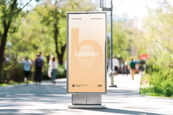 Free Outdoor Pedestal Billboard Mockup on Bright City Pathway